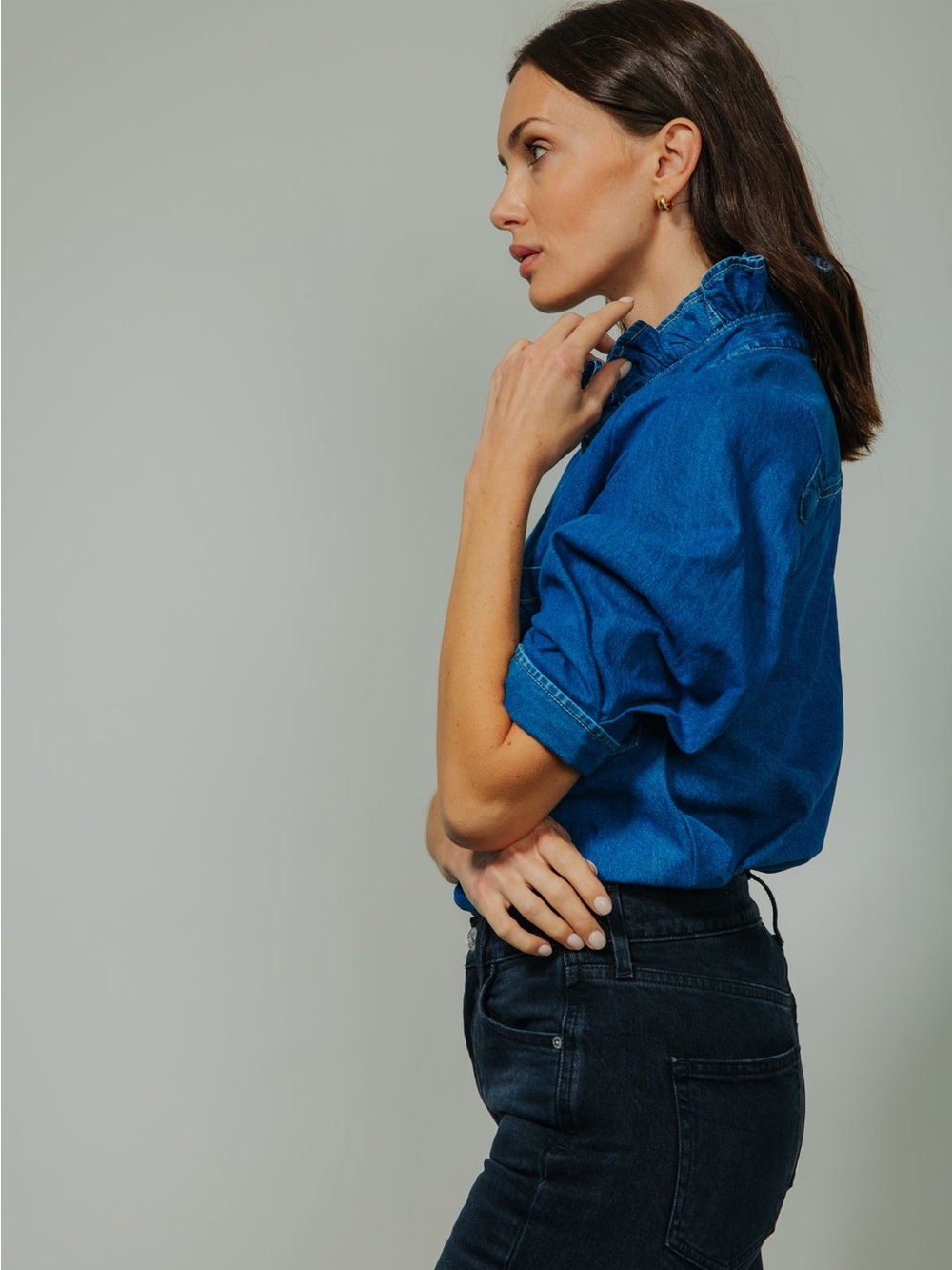 KMJ Southern Lover Denim Denim Ruffle Button-Front Shirt - Picture 3 of 10